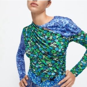 ZARA Draped Floral Stretch Jersey Multicolor Ruched Top Size XL